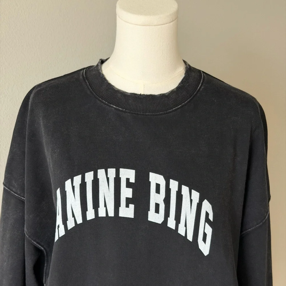 Anine Bing Tyler Cotton Logo Washed Black Crew Neck Sweatshirt-Scandi Girl Style - Picture 4 of 16